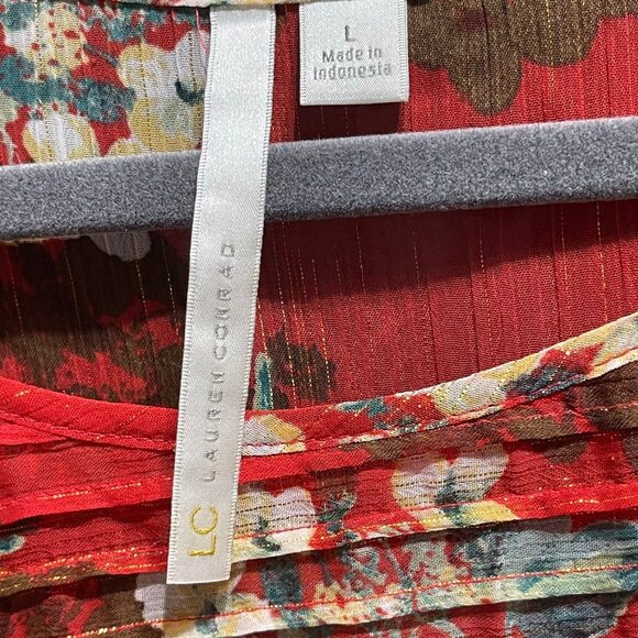 Lauren Conrad Size L Floral Print Boho Blouse Red & Gold Sheer Pleated - Picture 5 of 8